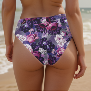 Purple White Flowers high-waisted bikini bottom