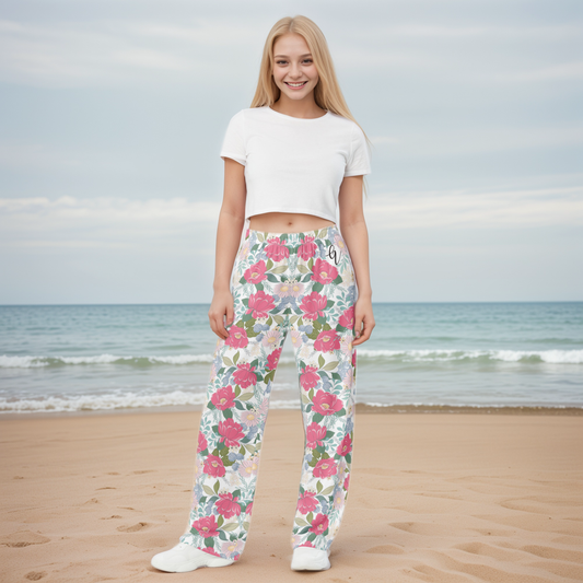 Iguana Green Peonies Wide Leg Pants