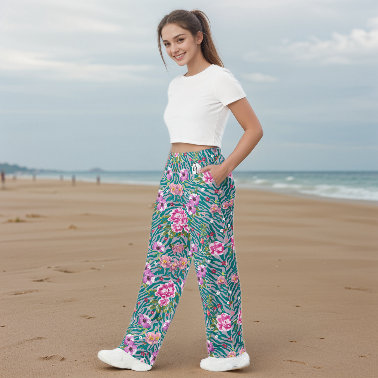 Orchid Floral Pattern Wide-Leg Pants