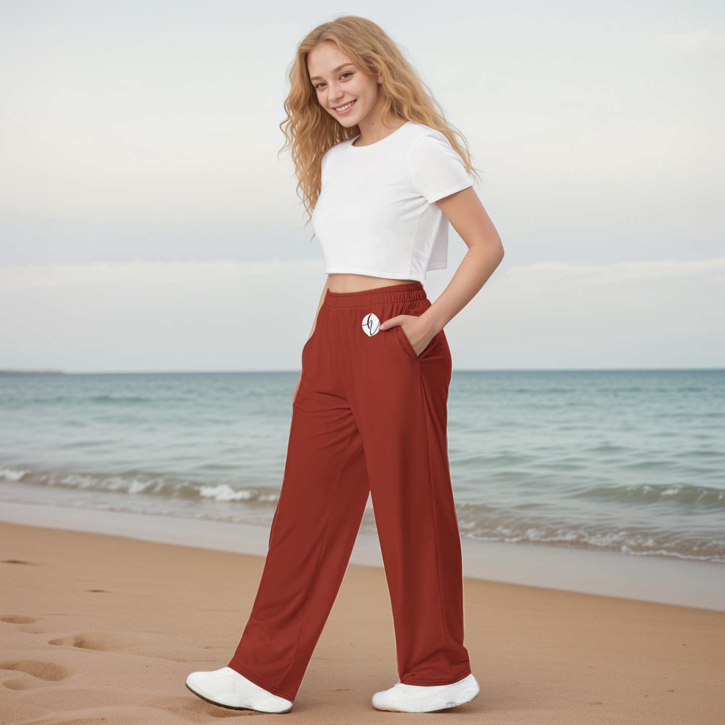 Red Dark Colored Wide-Leg Pants
