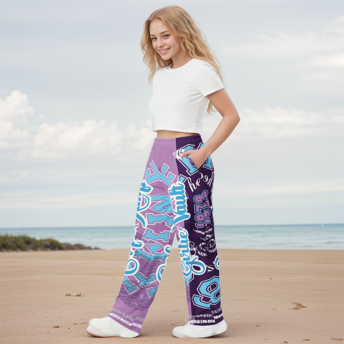 Purple Letters Wide-Leg Pants