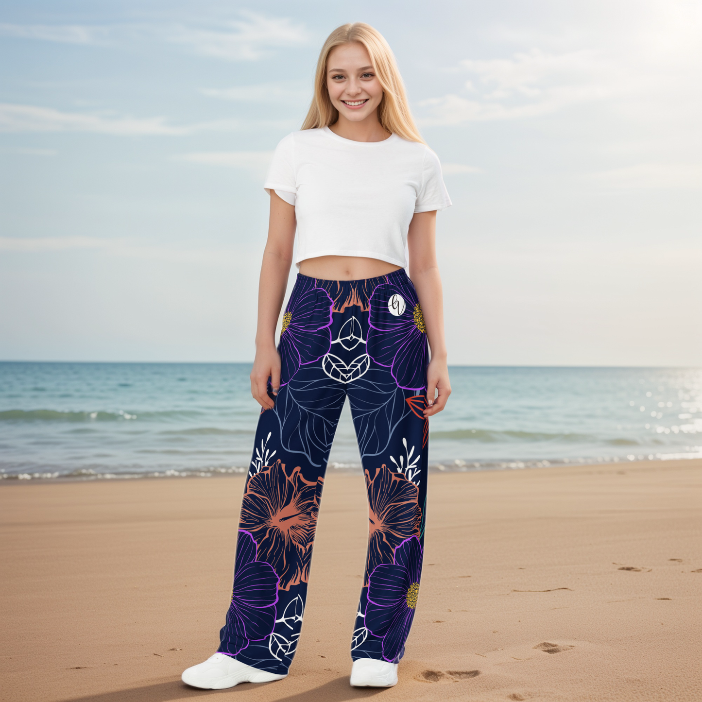 navy floral Wide-leg pants