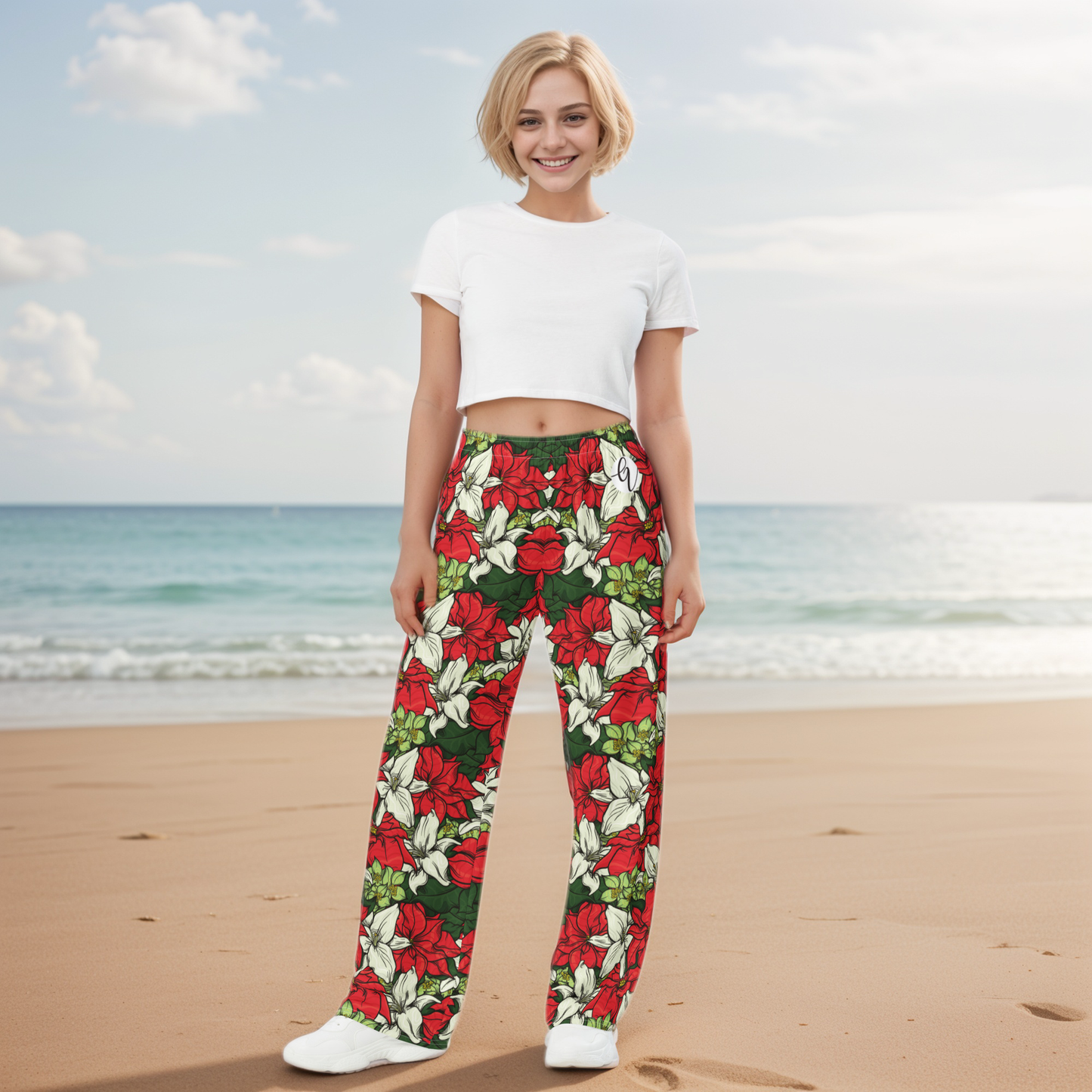 Red Color Floral Wide-Leg Pants