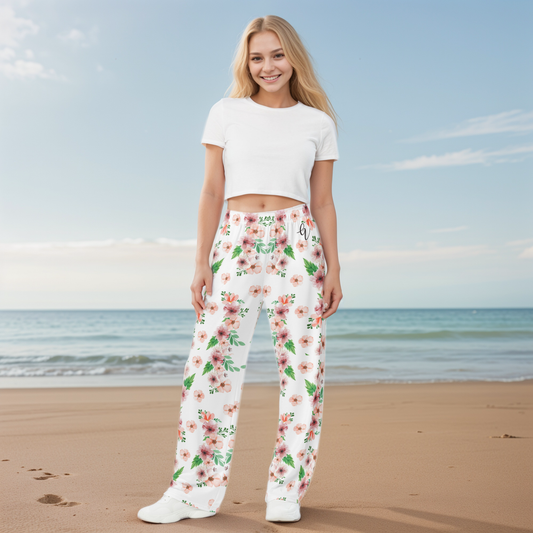 White And Green Flowery Wide-Leg Pants