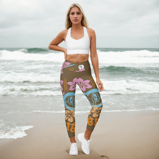 Brown Flowers Summers Leggings With Pockets