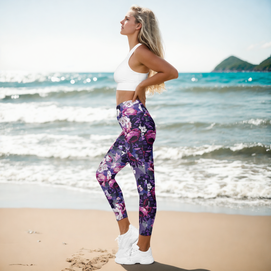 Purple White Flowers Crossover Leggings With Pockets
