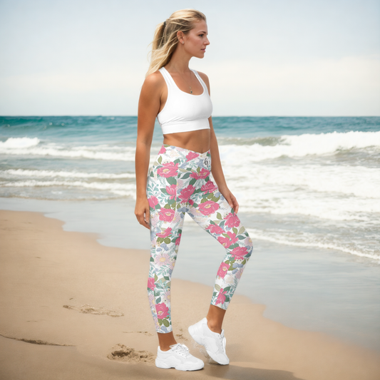 Iguana Green Peonies Floral Crossover Leggings With Pockets