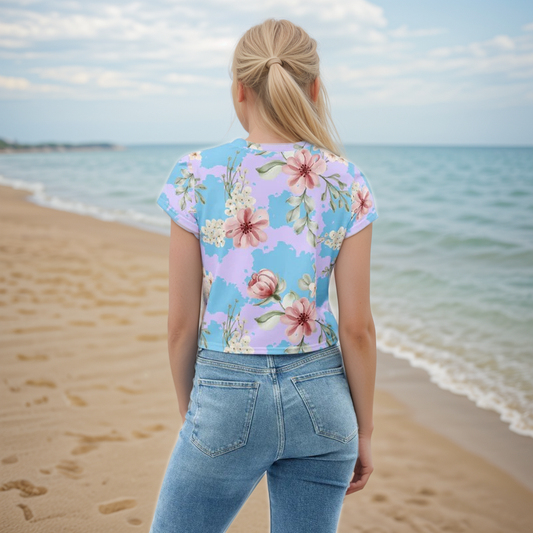 Leaves And Floral Blossom Crop Tee
