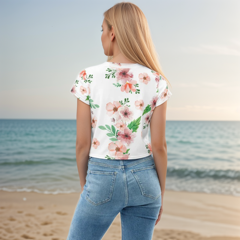 White And Green Flowery Crop Tee