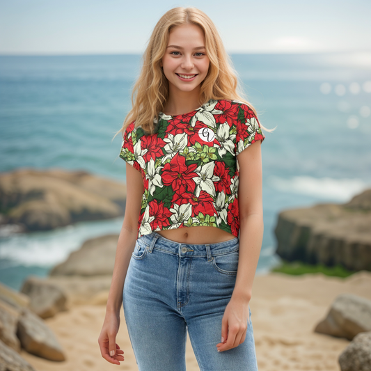 Red Color Floral Crop Tee