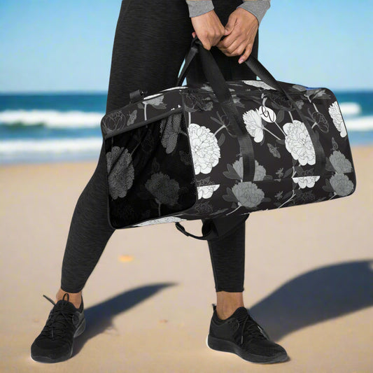 Viscose Black Fabric Leaves Duffle bag