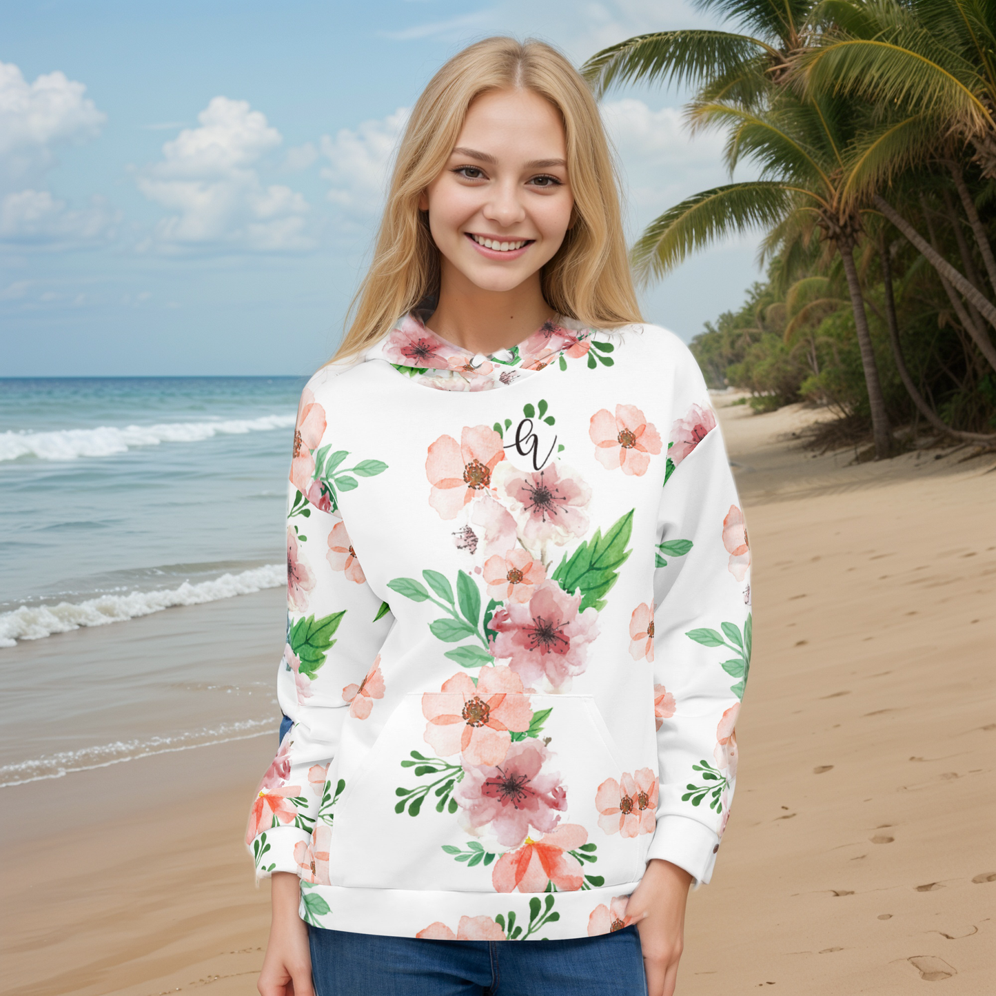 White And Green Flowery Hoodie