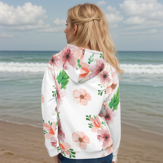 White Pink Flowery Pattern Hoodie