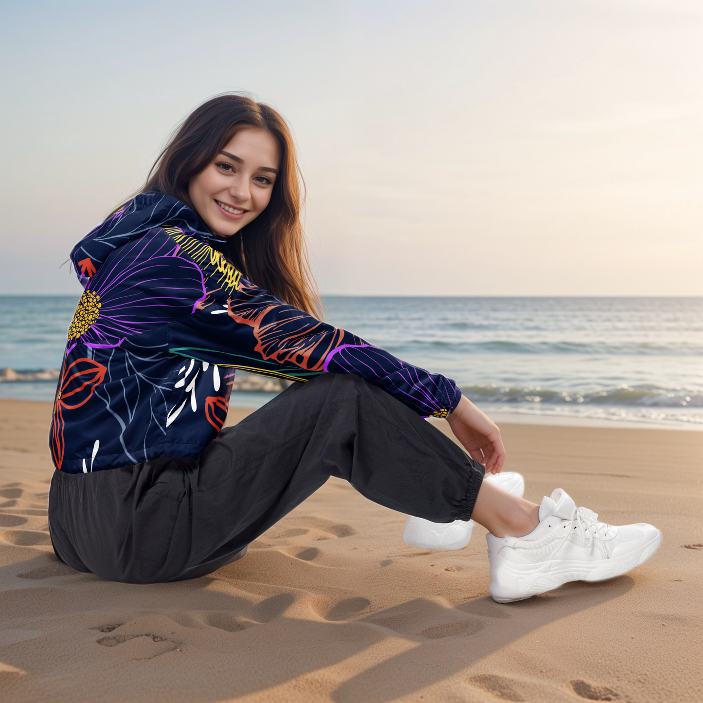 Navy Floral Cropped Windbreaker