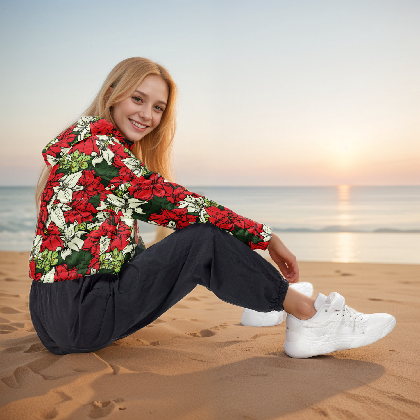 Red Color Floral Cropped Windbreaker