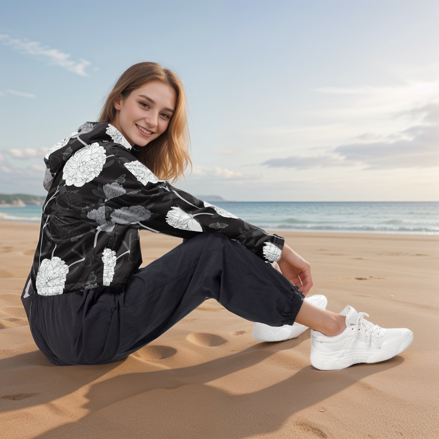 Viscose Black Fabric Leaves cropped windbreaker