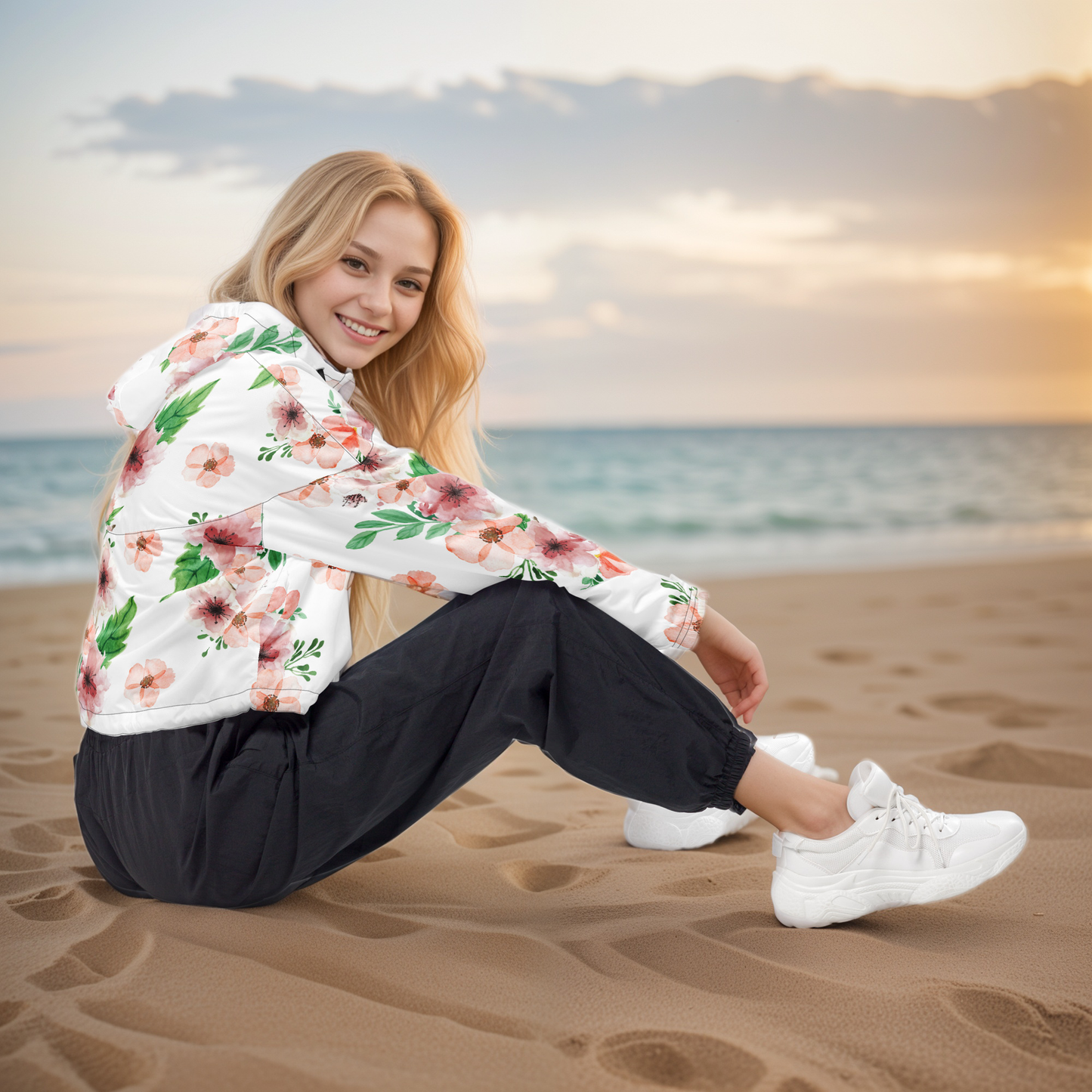 White And Green Flowery Cropped Windbreaker