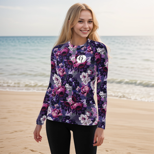 Purple White Flowers Rash Guard