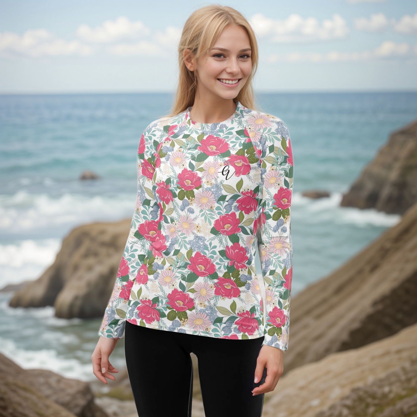Iguana Green Peonies Rash Guard