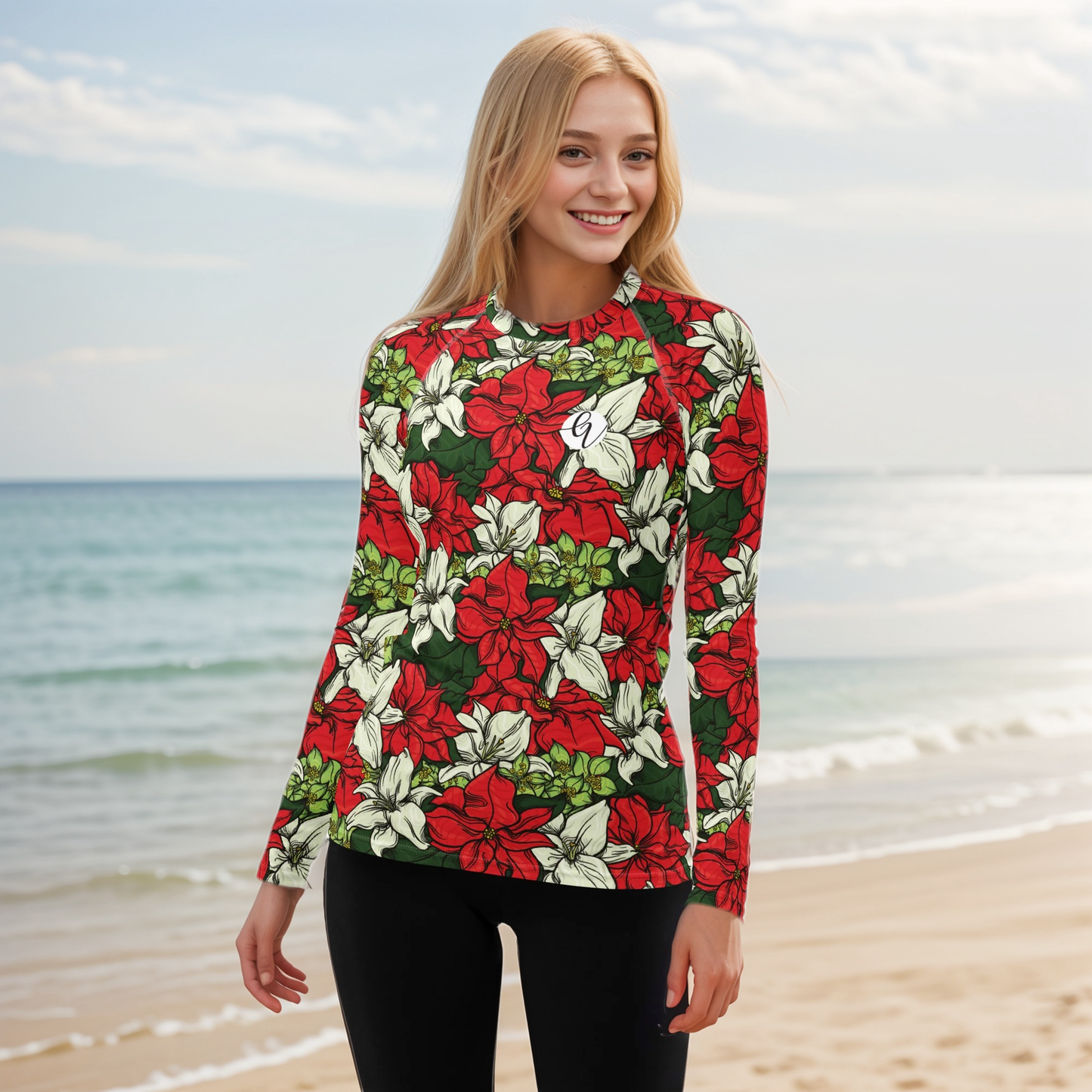 Red Color Floral Rash Guard