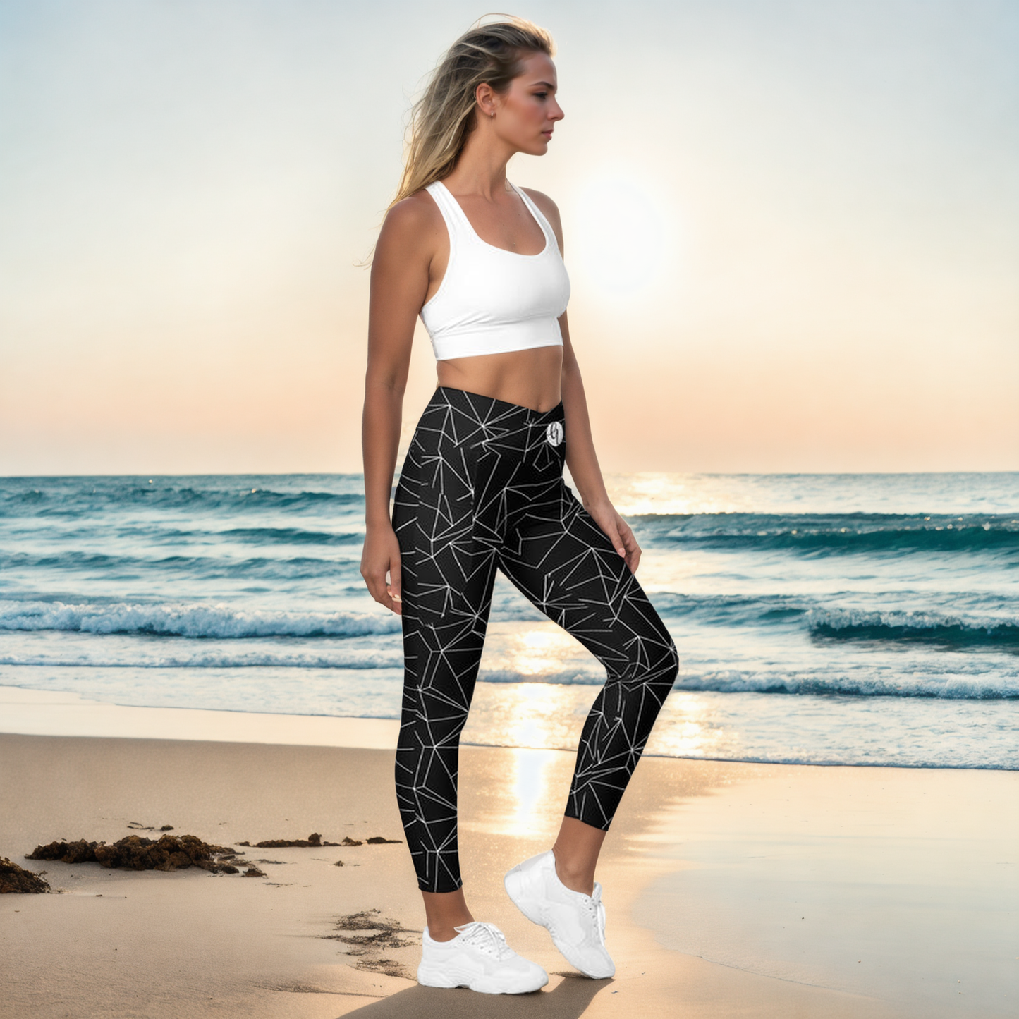 Black And White Abstract Crossover Leggings With Pockets
