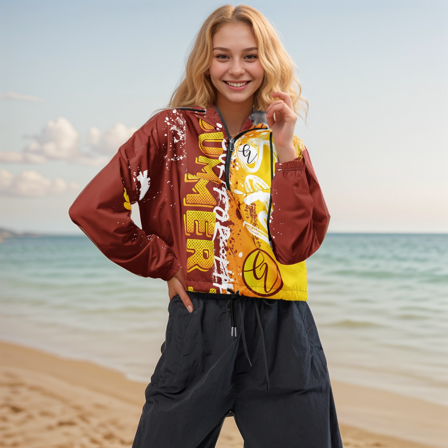 Brown Yellow Floral Cropped Windbreaker