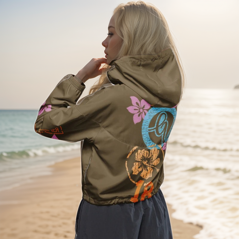 Brown Flowers Cropped Windbreaker