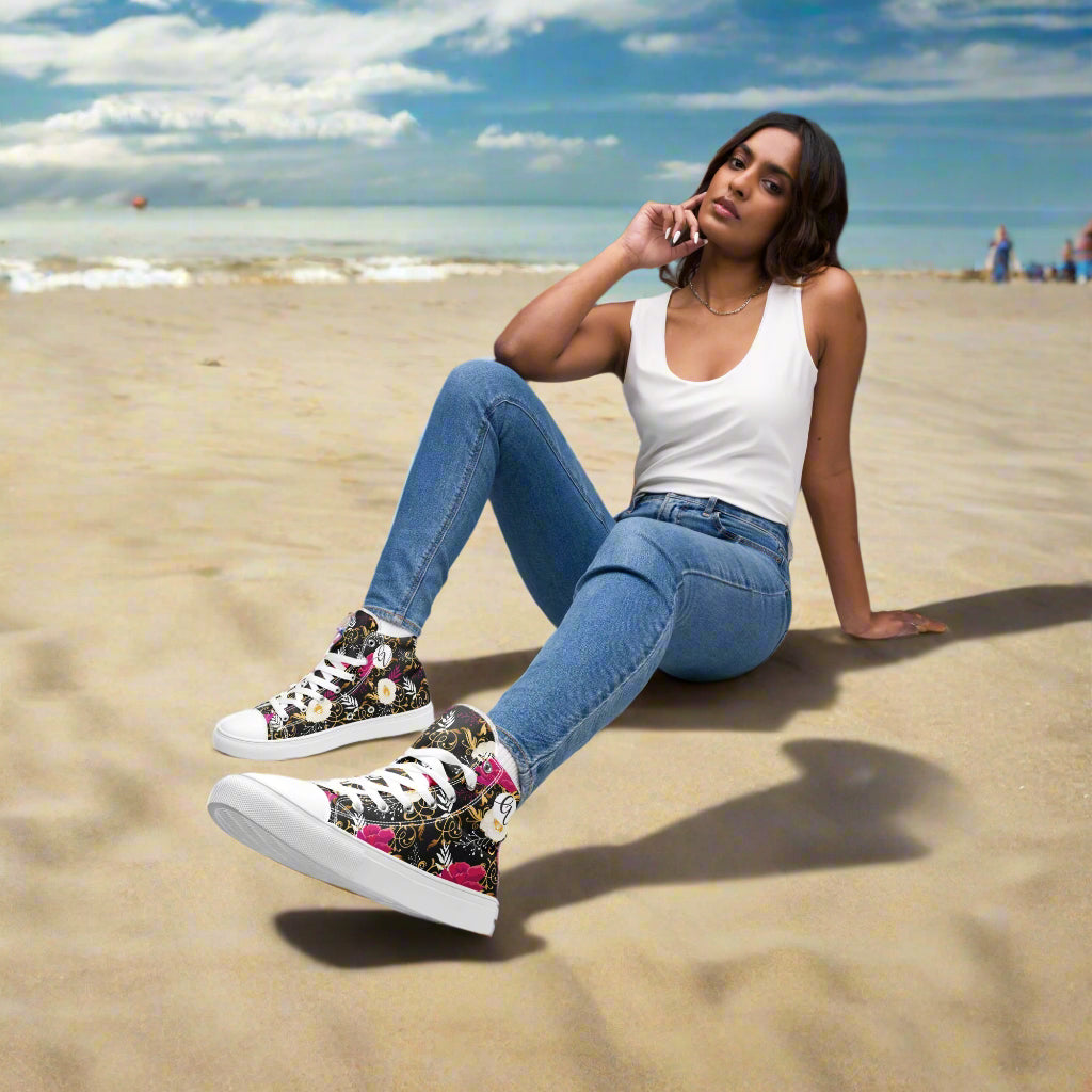 Black Timber Floral high top canvas shoes