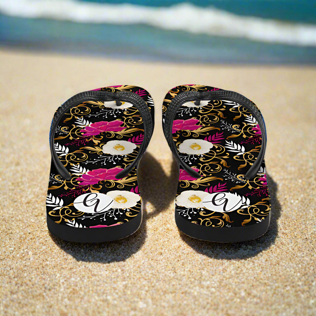 Black Timber Floral Flip-Flops
