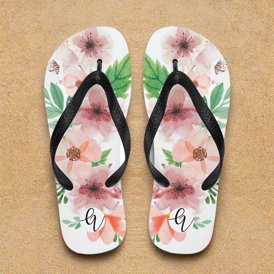 White And Green Flowery Flip-Flops