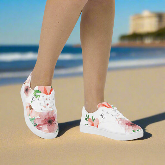 White And Green Flowery Lace-up Canvas Shoes