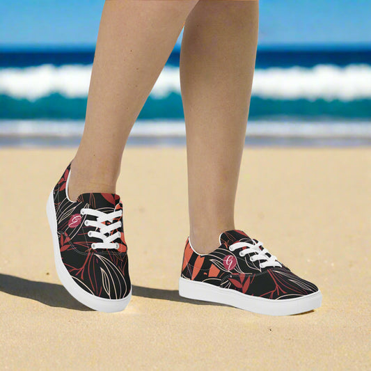 Palm Black Leaves Lace-up Canvas Shoes