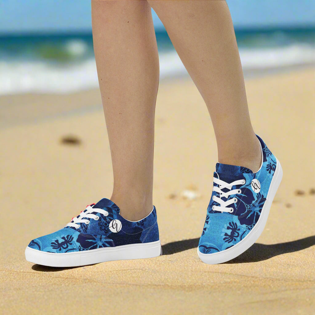 Blue Floral Lace-up Canvas Shoes