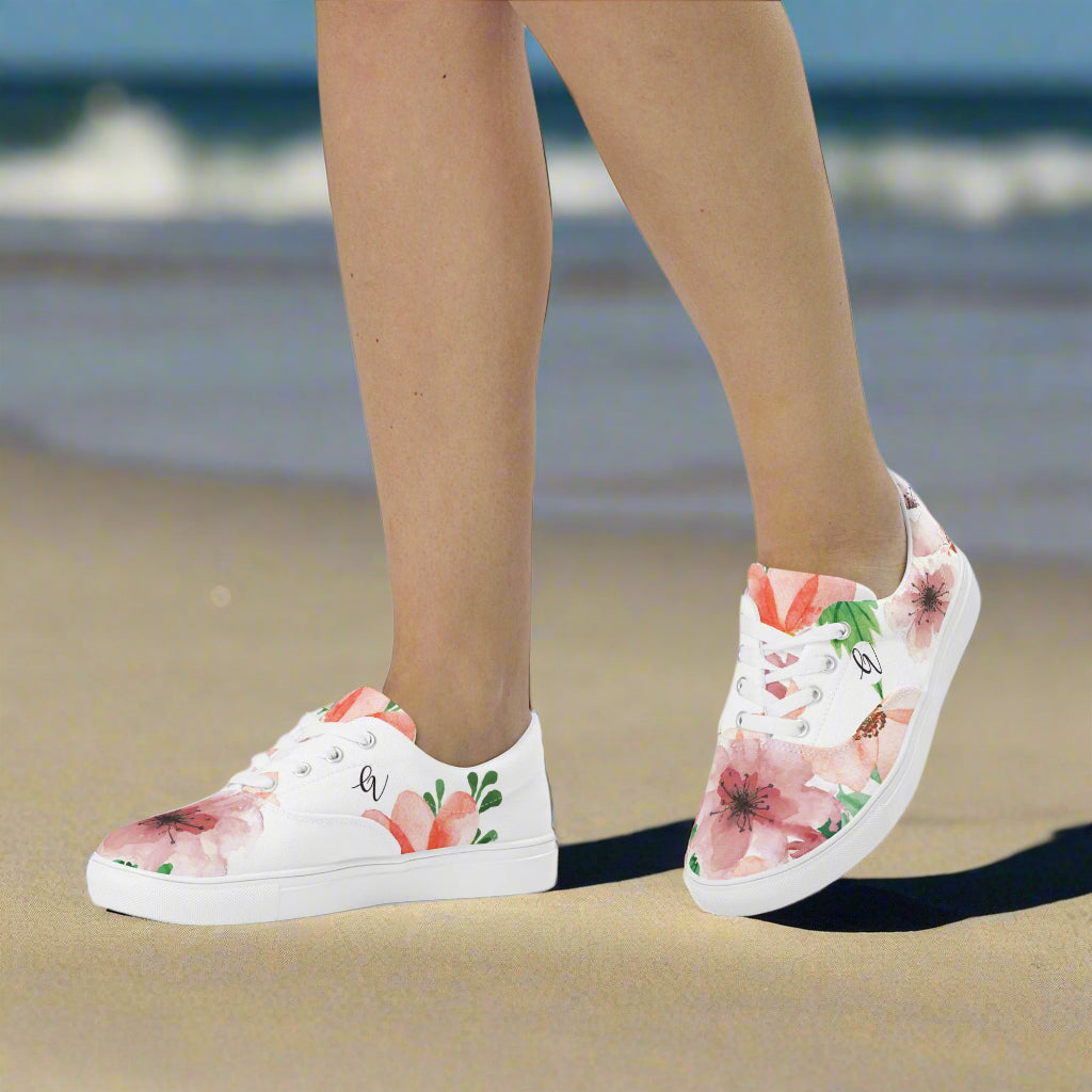 White And Green Flowery Lace-up Canvas Shoes