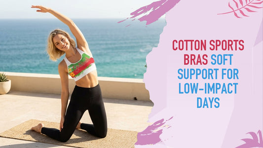 Woman in the Soft Power printed Girlie Vault sports bra and black leggings, mid side stretch on a yoga mat above the ocean