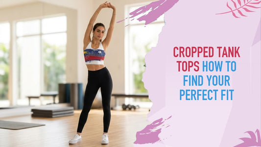 Woman reaching both arms overhead in a bright studio, the hem of her Free Soul print Girlie Vault crop top sitting at her waist