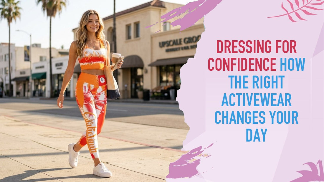 Woman walking a sunlit street with a coffee, in the Chill Confidence crop top and matching leggings from Girlie Vault