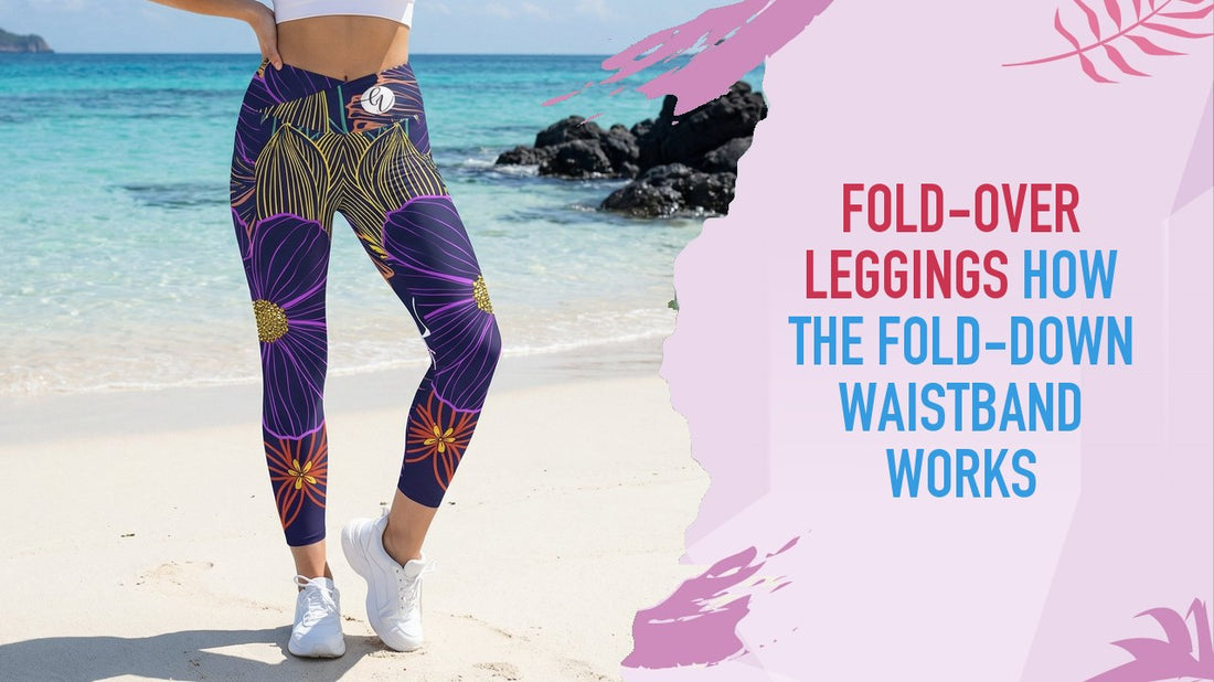 Purple floral Girlie Vault crossover leggings with a V-front waistband, shown from the waist down on a beach