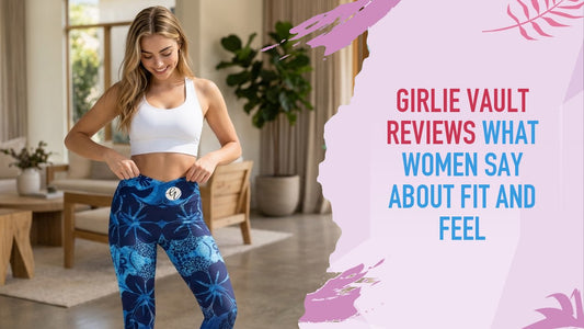 Woman smoothing the crossover waistband of her Blue Strength print Girlie Vault leggings, looking down at how they sit