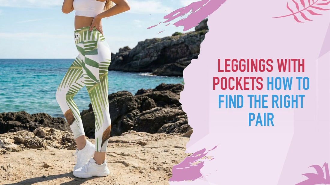 Palm print Girlie Vault leggings with pockets, shown from the waist down beside coastal rocks