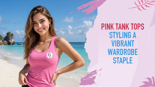Model wearing a solid pink Girlie Vault tank top on a beach