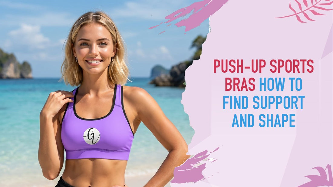 Model wearing a purple Girlie Vault padded sports bra on a beach