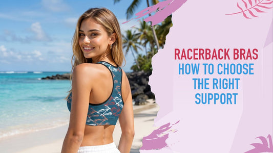 Model looking over her shoulder in a teal print Girlie Vault sports bra with the racerback visible
