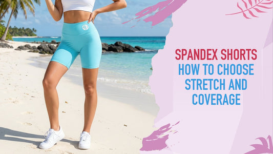 Turquoise Girlie Vault biker shorts shown from the waist down on a palm-lined beach