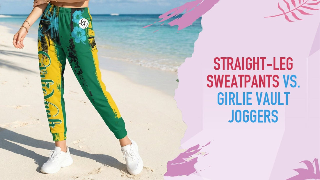 Green and yellow Golden Hour print Girlie Vault joggers with cuffed ankles, shown from the waist down on a beach