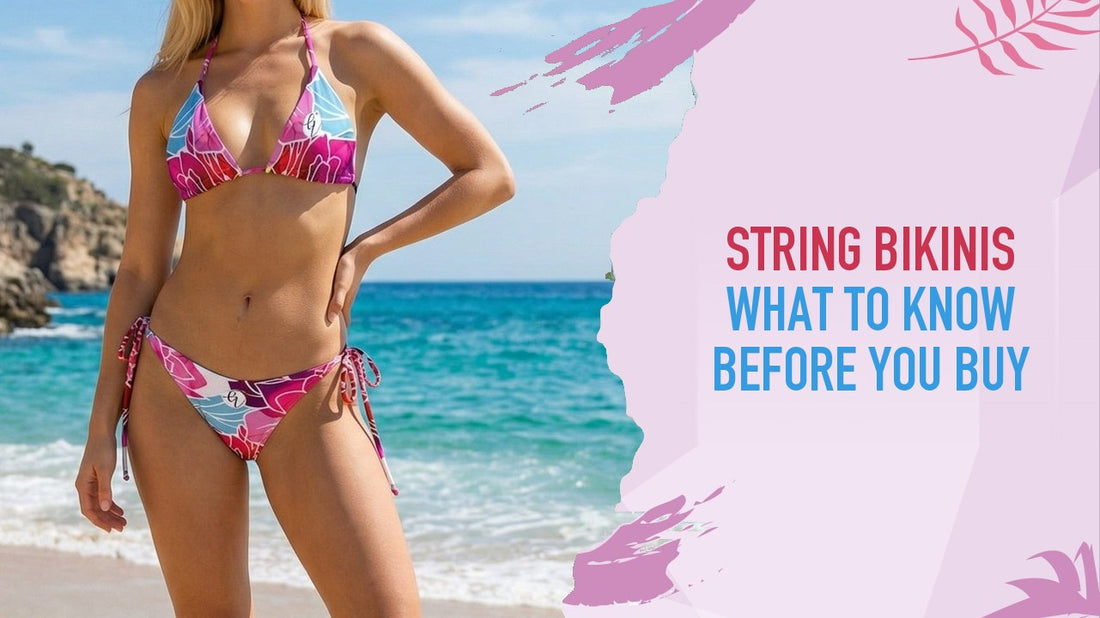 Model in a floral print Girlie Vault string bikini with tie sides on the beach