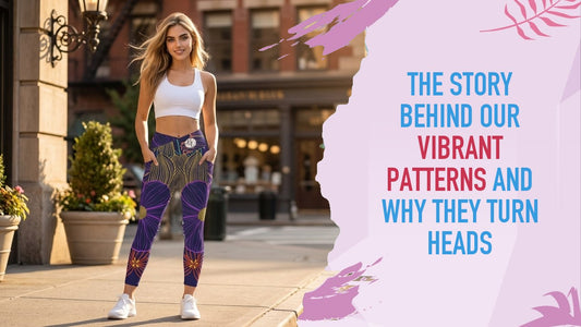 Woman on a sunlit street corner with her hands in the pockets of Midnight Bloom print Girlie Vault crossover leggings