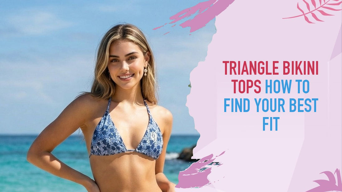 Model on a beach in the Bullet Printed String Bikini Top, two triangular cups tied at the neck and back