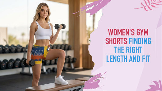 Woman stepping up onto a bench with dumbbells in a gym, in Bright Side print Girlie Vault shorts