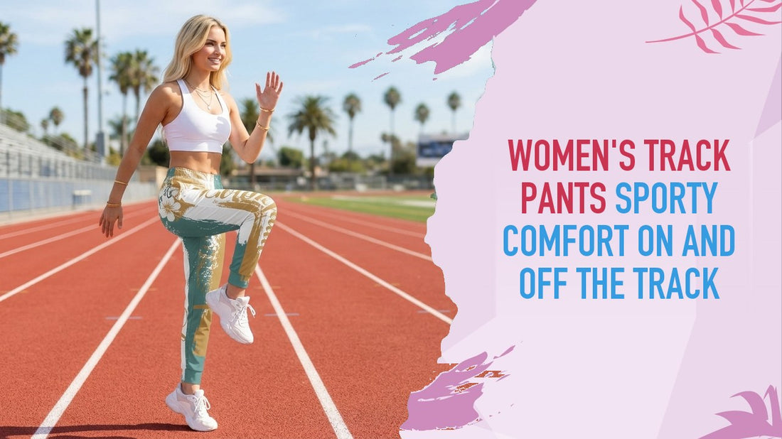 Woman warming up on a running track, in Weekend Mood print Girlie Vault joggers